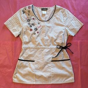 Cherokee Runway Floral Embroidered Gingham Scrub Top Size Small